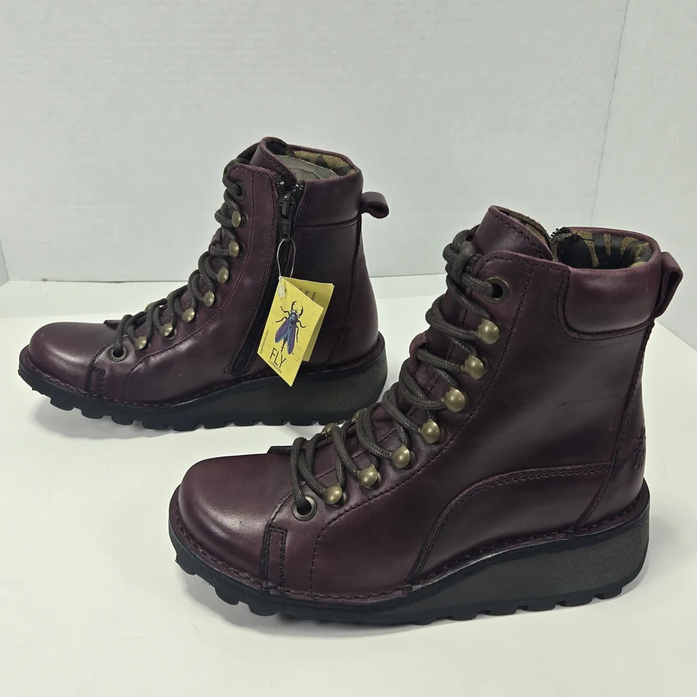 Fly London MALU001FLY Burgundy Purple Combat Hiking Ankle Boots Size EU 35 US 4